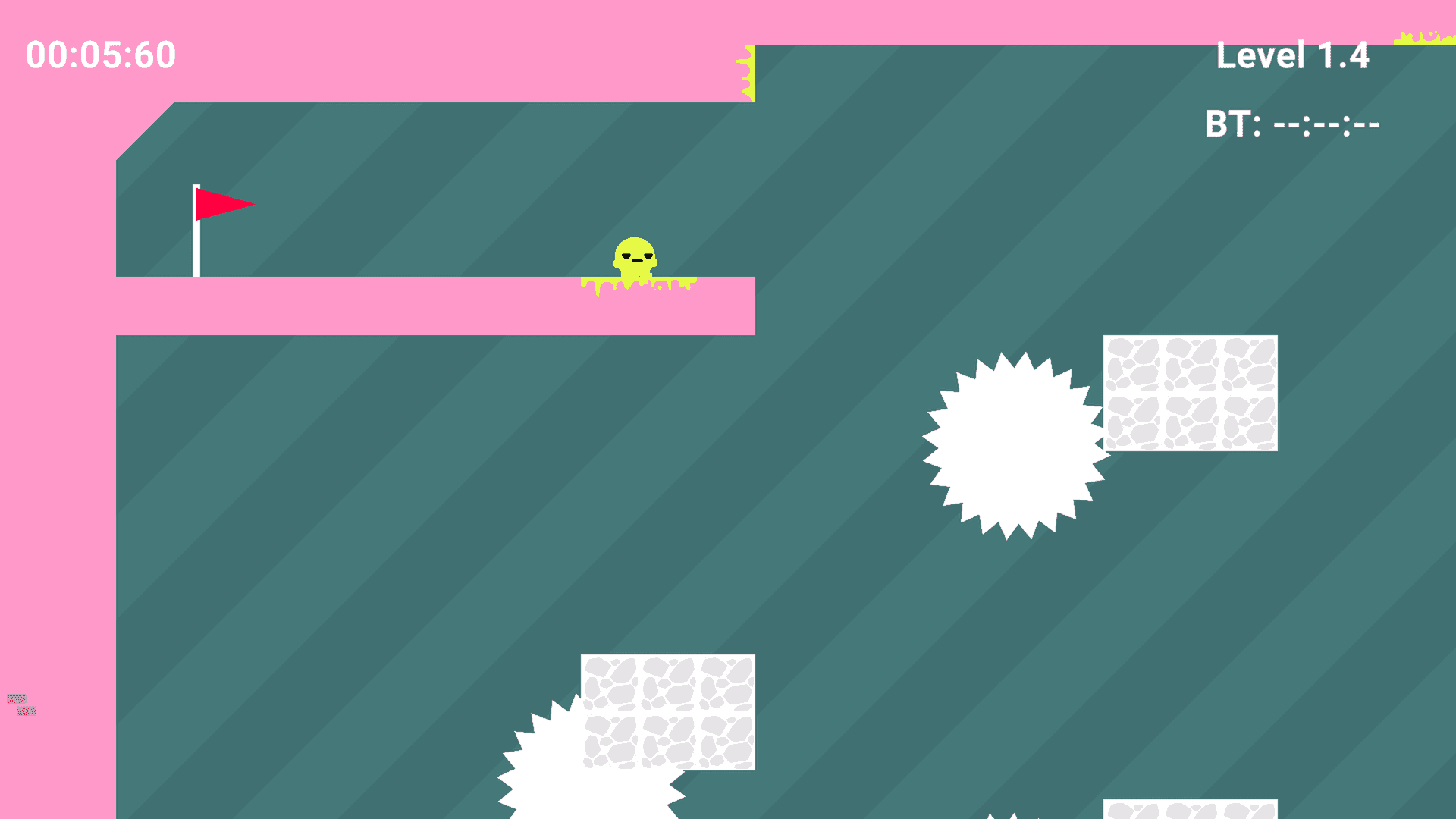 Colorful Boi 2 - Green and pink level showing the character near a checkpoint with spinning saw blades ahead.