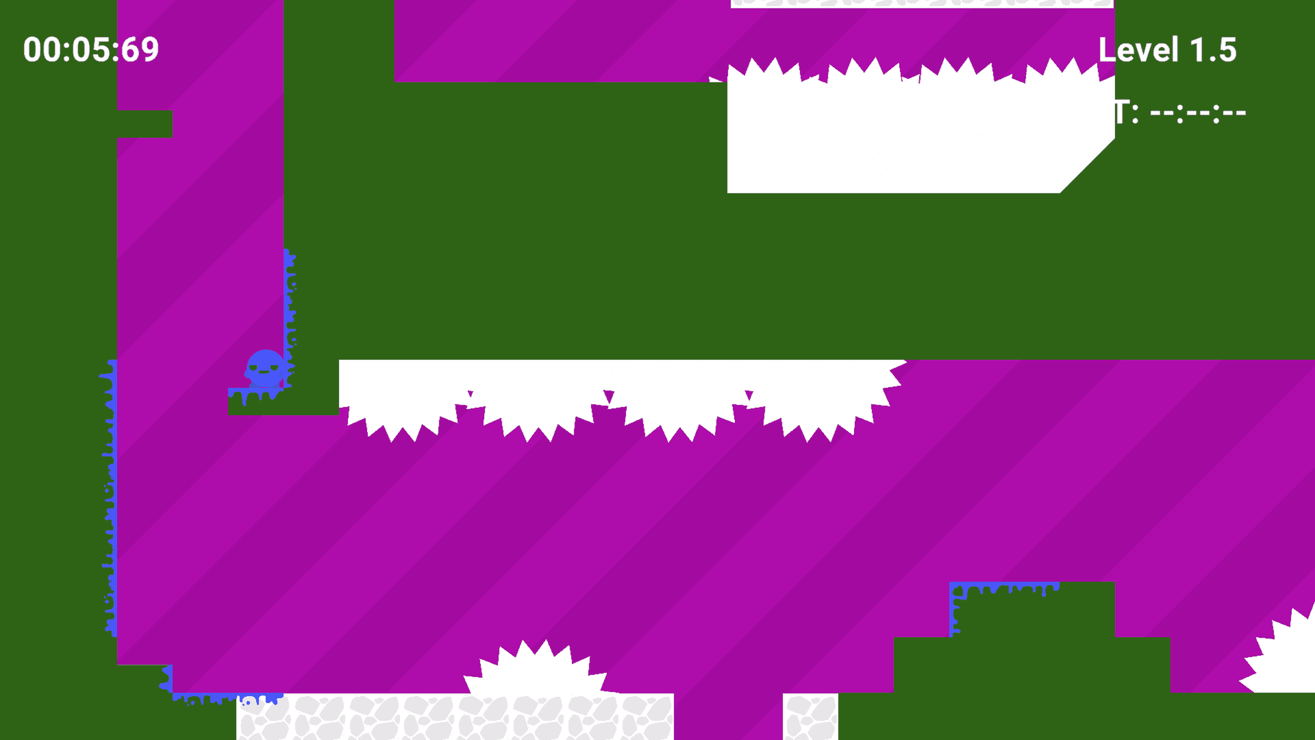 Colorful Boi 2 - Narrow platforming level with tight spike traps and the character clinging to a wall.
