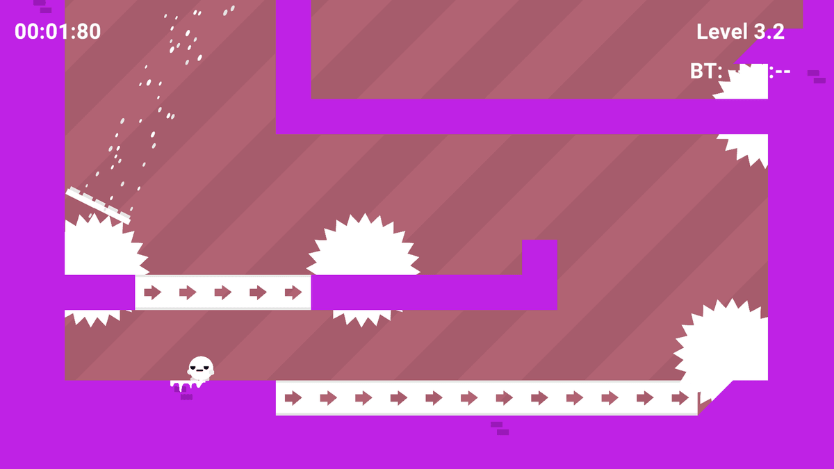 Colorful Boi 2 - Fast-paced purple level with directional arrows and saw traps; the character stands at the start.