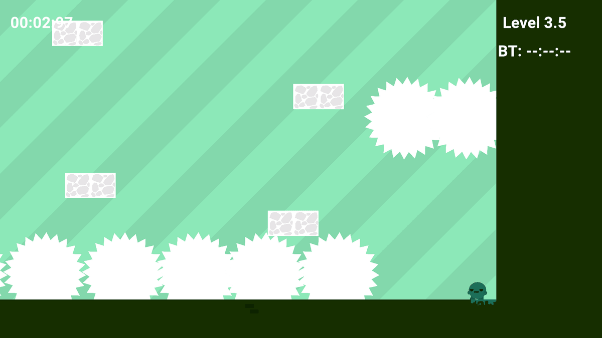 Colorful Boi 2 - Light green and black level with floating platforms and dangerous saw blades along the floor.