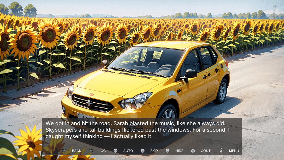 For a frew minutes - A yellow car parked on a road cutting through wide sunflower fields under a bright sky.