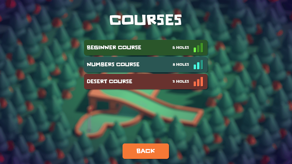 Courses menu listing Beginner (6 holes), Numbers (8 holes), and Desert (2 holes) with a Back button.