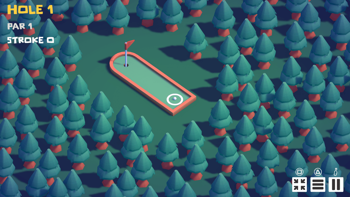 Forest course — Hole 1, Par 1; straight green surrounded by low-poly pine trees with a tee circle at the end.
