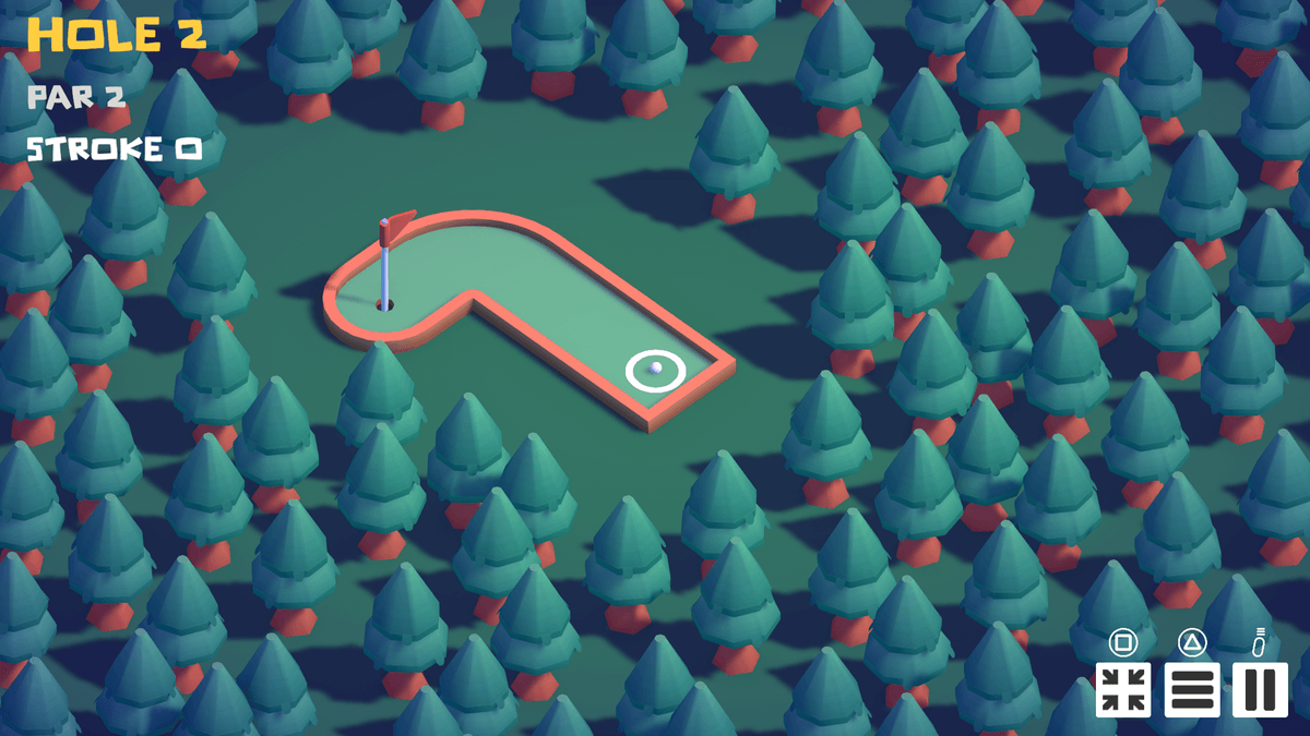 Forest course — Hole 2, Par 2; L-shaped green with a flag at the bend and tee circle, pine forest backdrop.