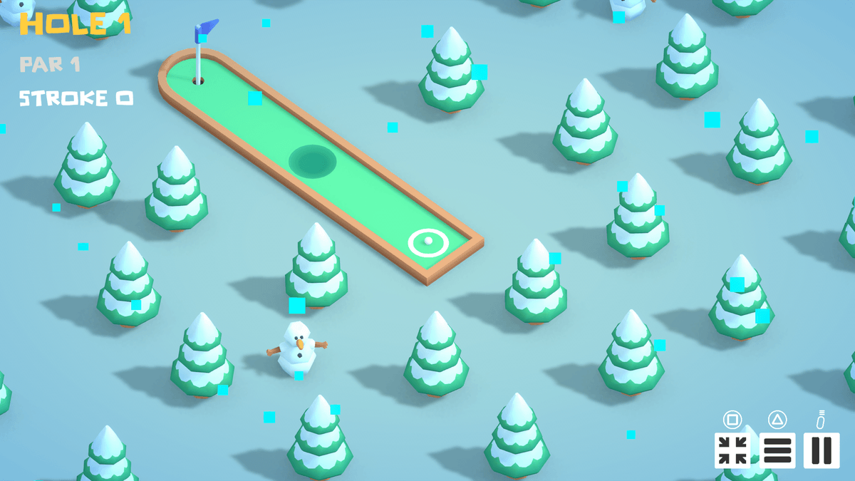 Snow course — Hole 1, Par 1; narrow lane with a hazard pit, falling particles, snowman, and snow-tipped pines.