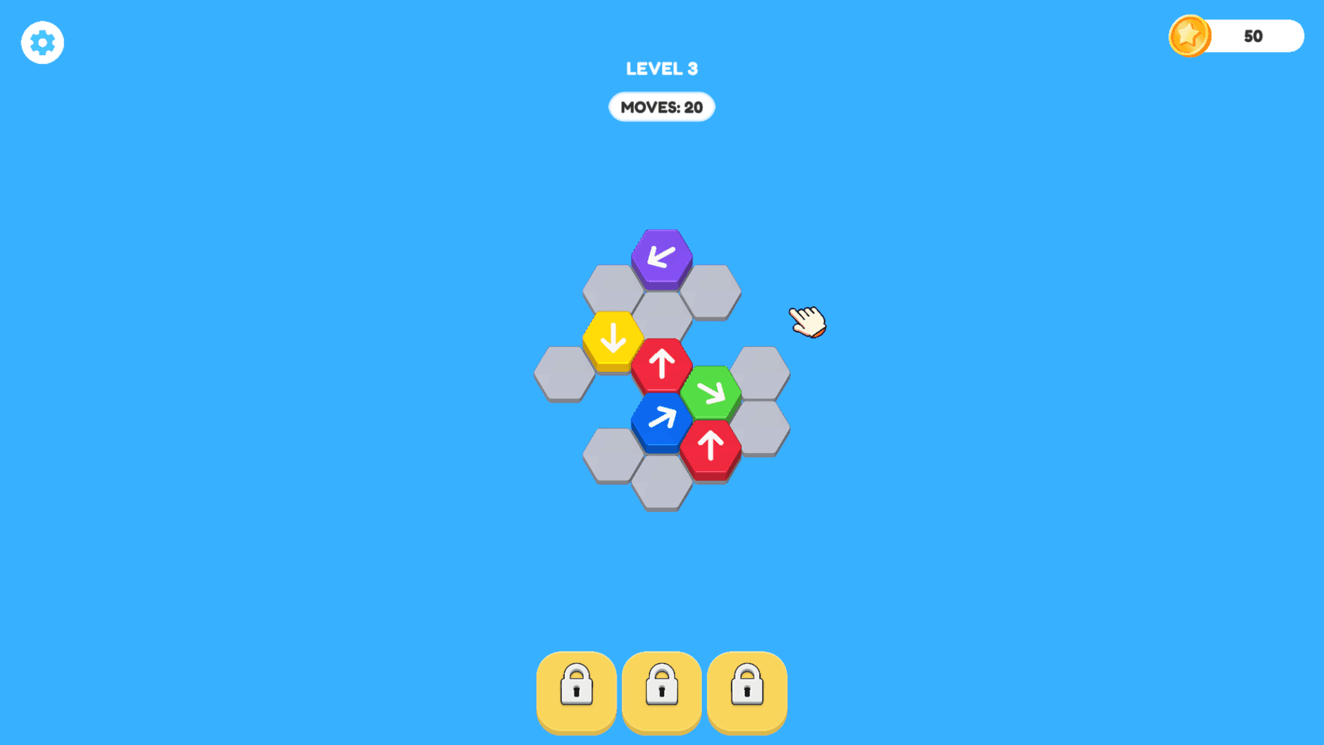 Hex Park - hexagon arrow block puzzle on blue background with 20 moves and mixed colored tiles in the center