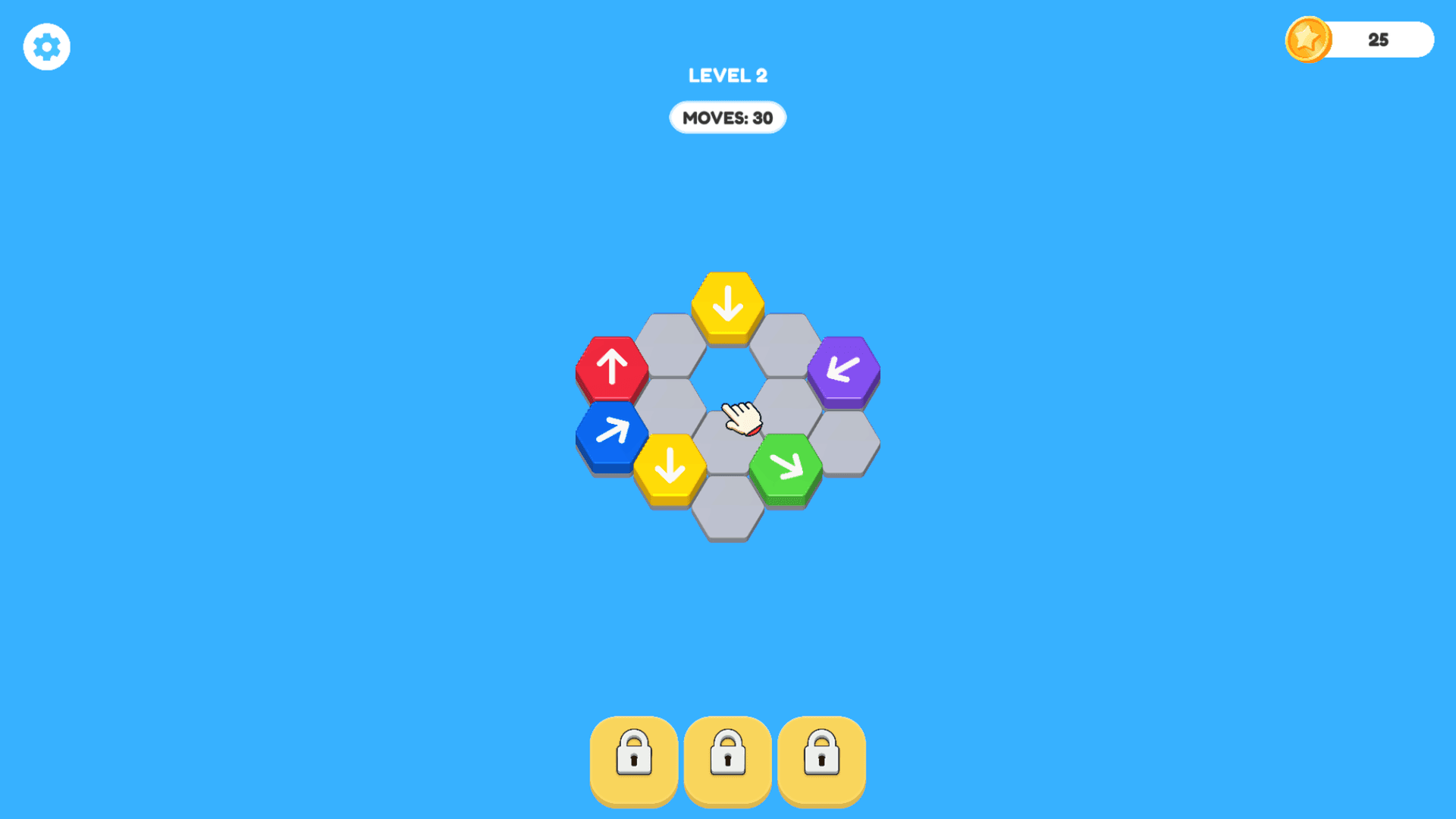 Hex Park - level 2 beginner hexagon arrow puzzle with 30 moves and six colored blocks around a central empty tile