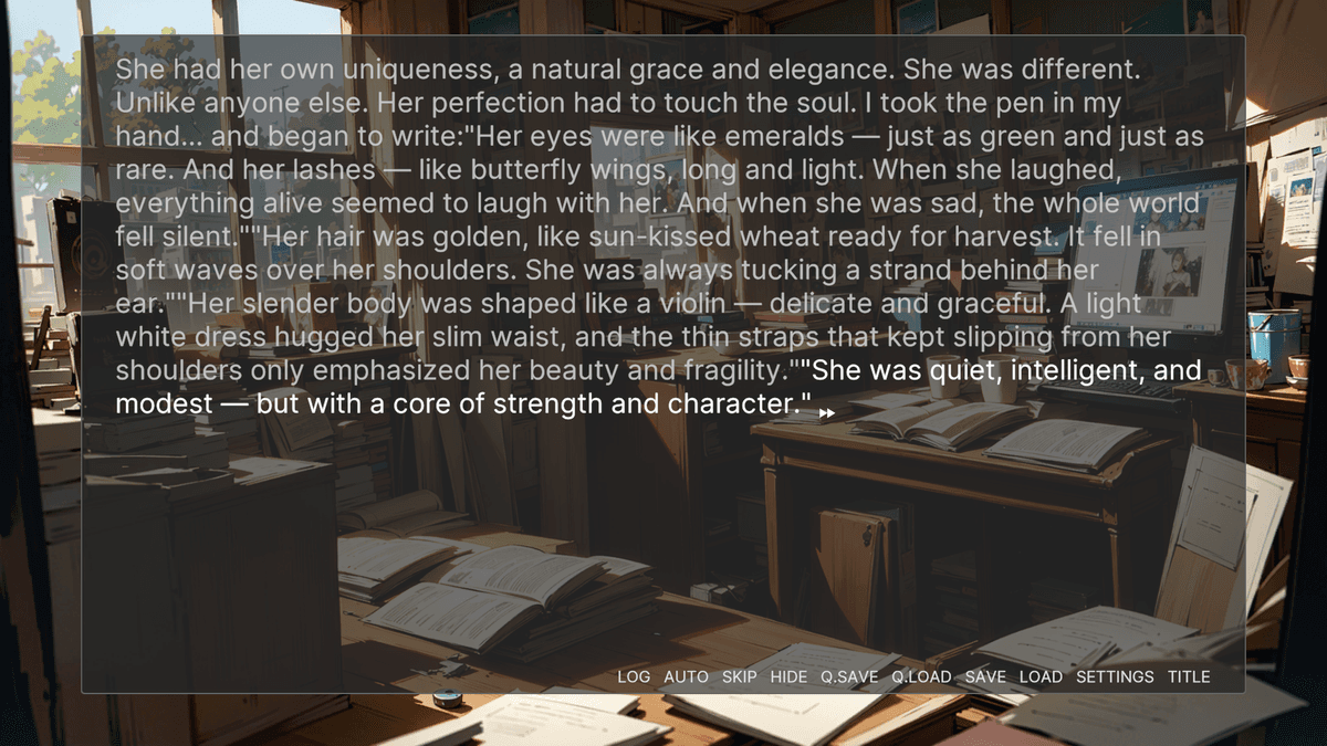 Close-up of Dan on black background; dialogue box with anxious self-talk about thinking and having no other skills; VN interface icons visible.