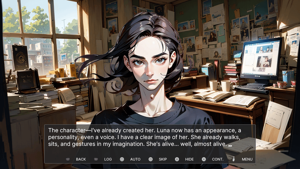 Writer’s cluttered studio interior filled with books, papers, computer; transparent text box overlays a long descriptive passage about a graceful woman.