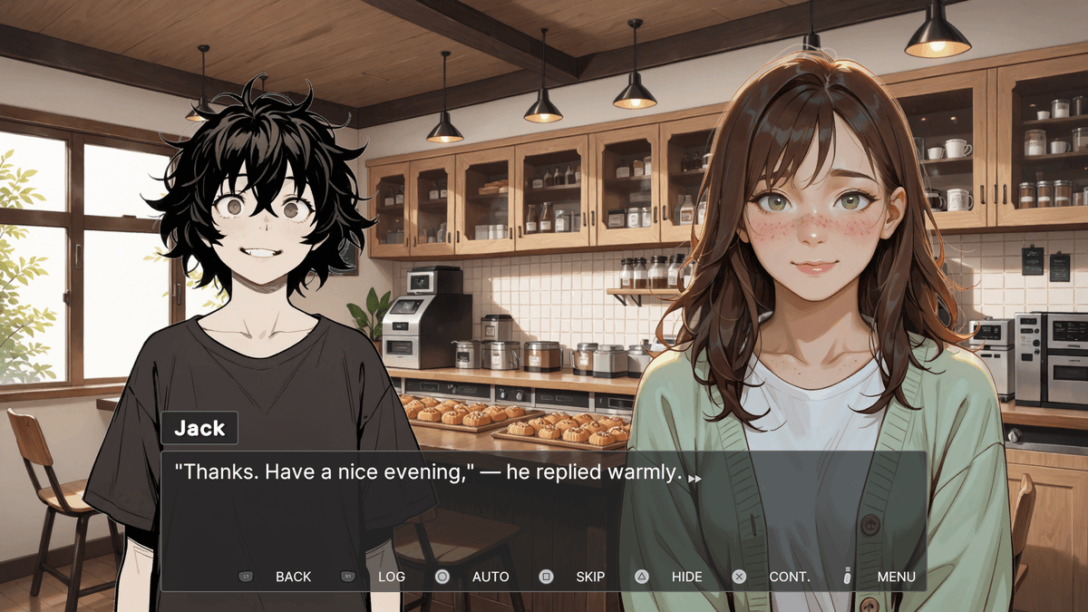 Lamplighter - café scene—Diana with Jack (messy black hair, dark tee); dialogue says, “Thanks. Have a nice evening.”
