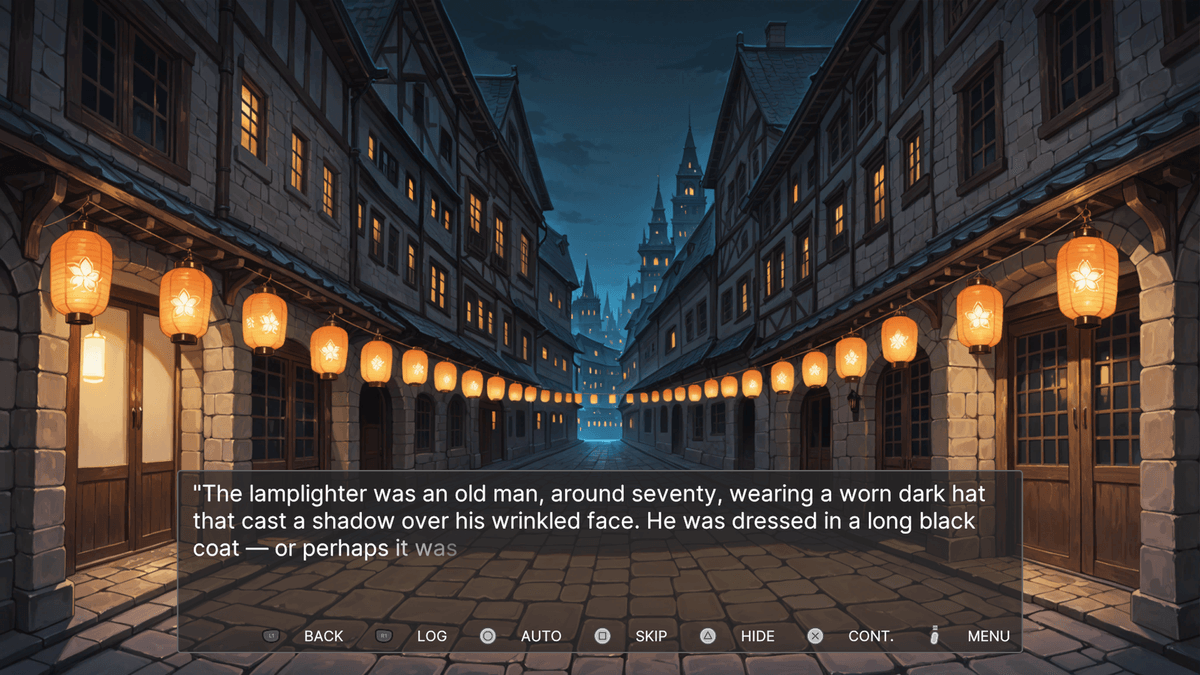 Lamplighter - lantern-lit medieval alley at night with castle spires in the distance; dialogue box describes an elderly lamplighter.