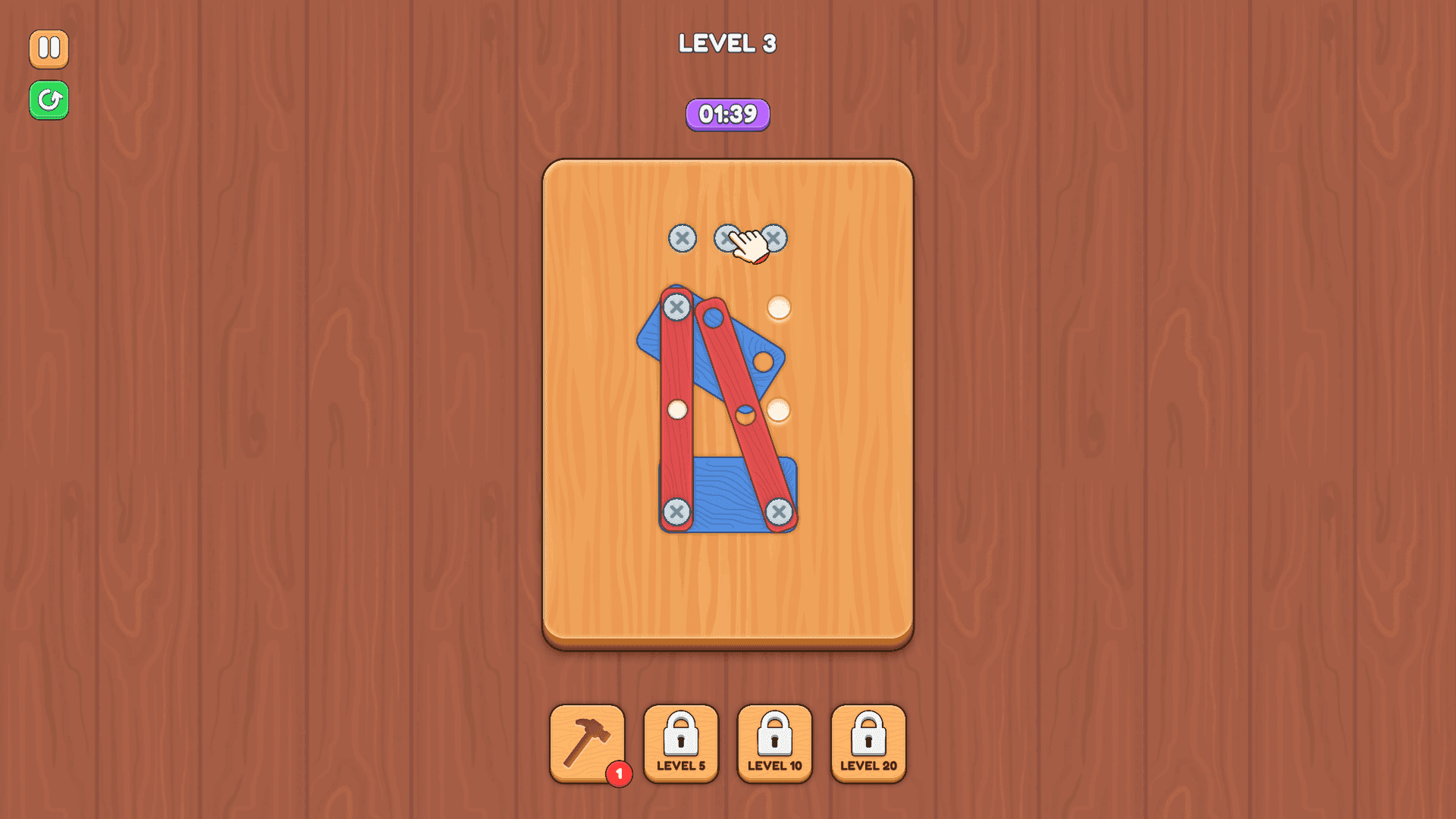 Screw Master - Level 3 puzzle with red and blue wooden pieces screwed together, showcasing the game interface.