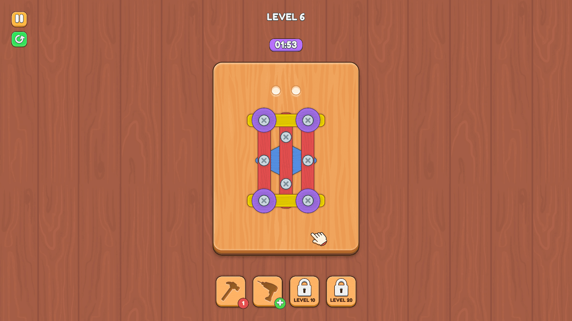 Screw Master - Level 6 puzzle featuring a symmetrical structure with multiple colored parts and screws.