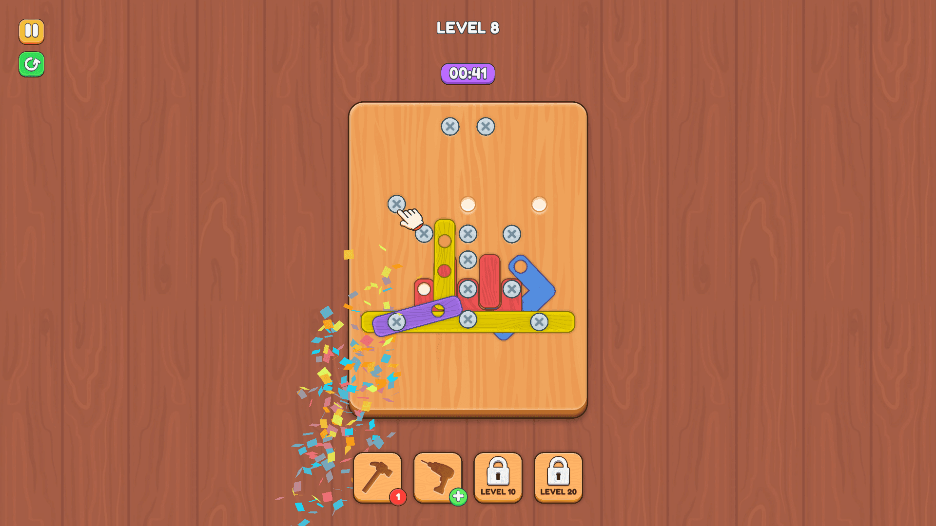 Screw Master - Screws and pieces flying apart with confetti in Level 8 after solving the puzzle.