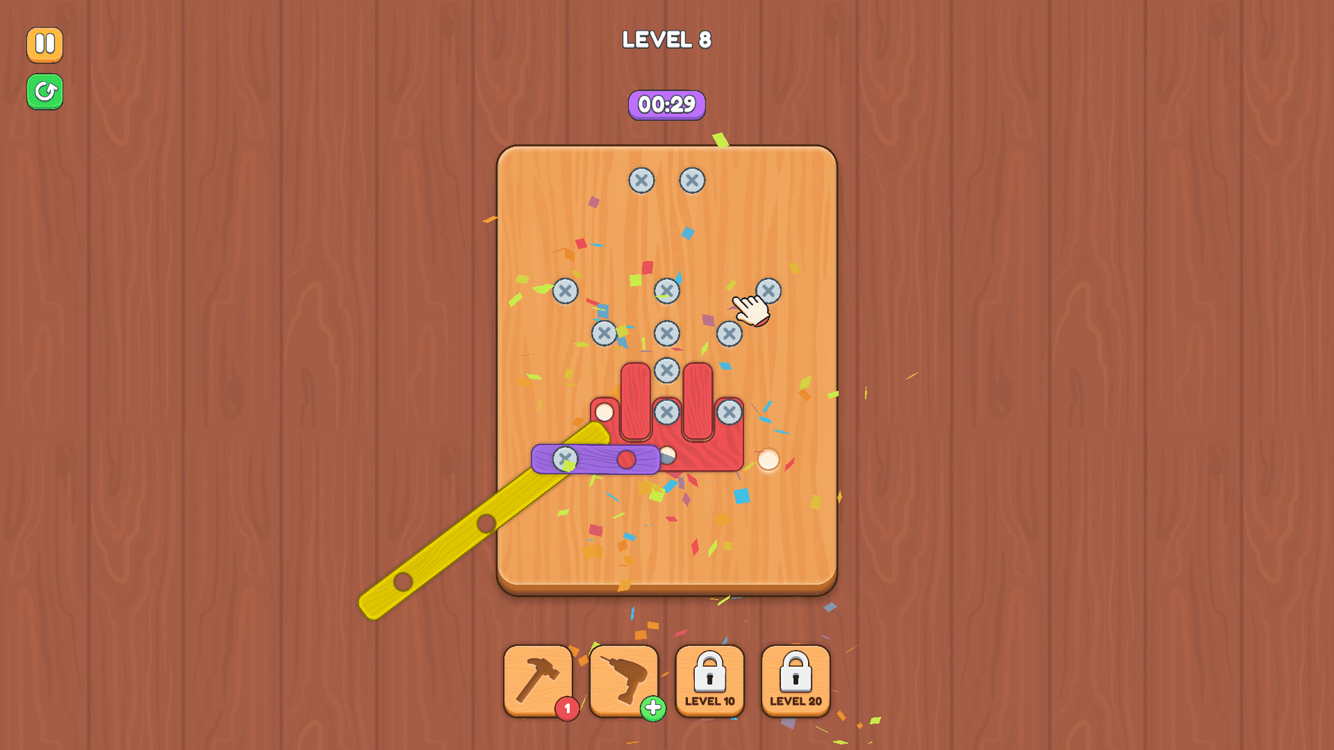 Screw Master - Final moments of Level 8 with scattered screws and vibrant confetti on the wooden background.