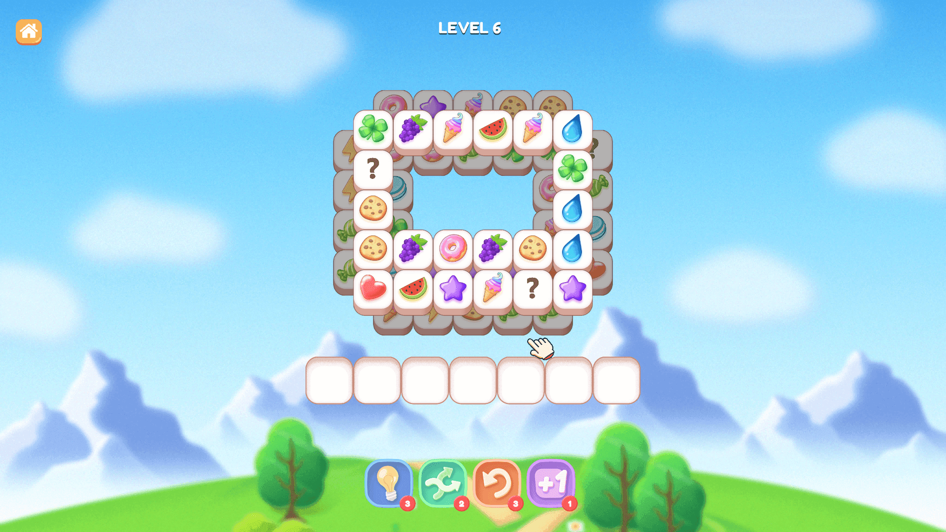 Tile Jong - A match-three tile puzzle game at Level 6, displaying a circular arrangement of tiles with some having a question mark, indicating mystery tiles.