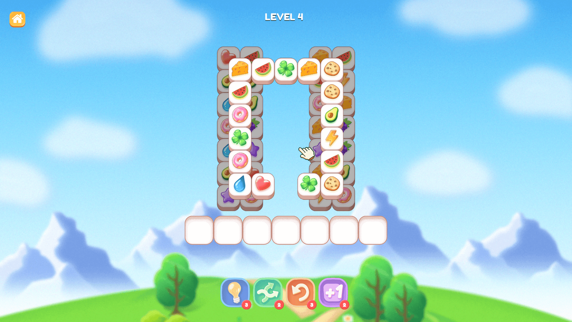 Tile Jong - A match-three tile puzzle game at Level 4, showing slight progression in tile selection. The tile arrangement remains square-like, with more tiles appearing in the bottom selection bar.