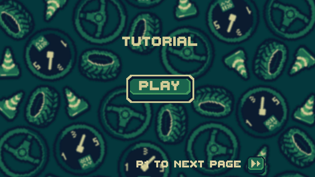 Turbo Hyper Drive car select screen—retro pixel car centered with left/right arrows and ‘Select’ button over a steering-wheel and tire background.