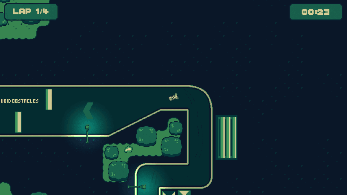 Turbo Hyper Drive race countdownâbig â1â on the grid with control hints (R2 Forward, Steer) and objective âComplete the circuit four times,â ramps visible.