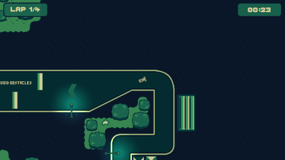 Turbo Hyper Drive race countdown—big ‘1’ on the grid with control hints (R2 Forward, Steer) and objective ‘Complete the circuit four times,’ ramps visible.