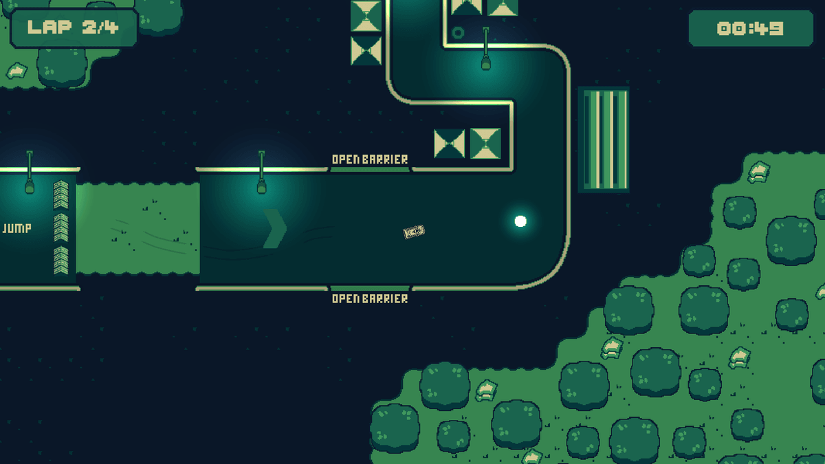 Turbo Hyper Drive gameplay—car drifts through a sharp corner on a neon-lit top-down track toward a jump ramp; LAP 1/4 and 00:23 timer shown.