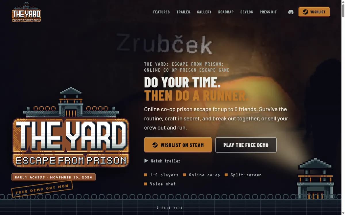 The Yard: Escape from Prison — Game website, screenshot of the homepage