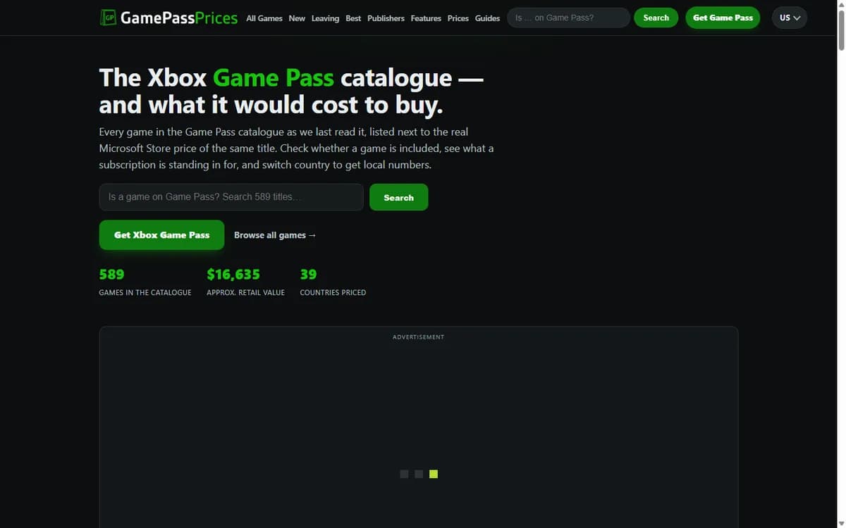 GamePassPrices — Game Pass catalogue, screenshot of the homepage