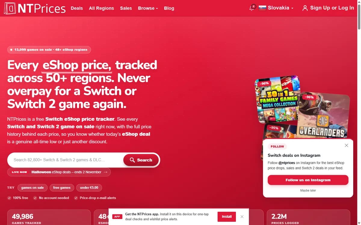 NTPrices — Nintendo eShop prices, screenshot of the homepage