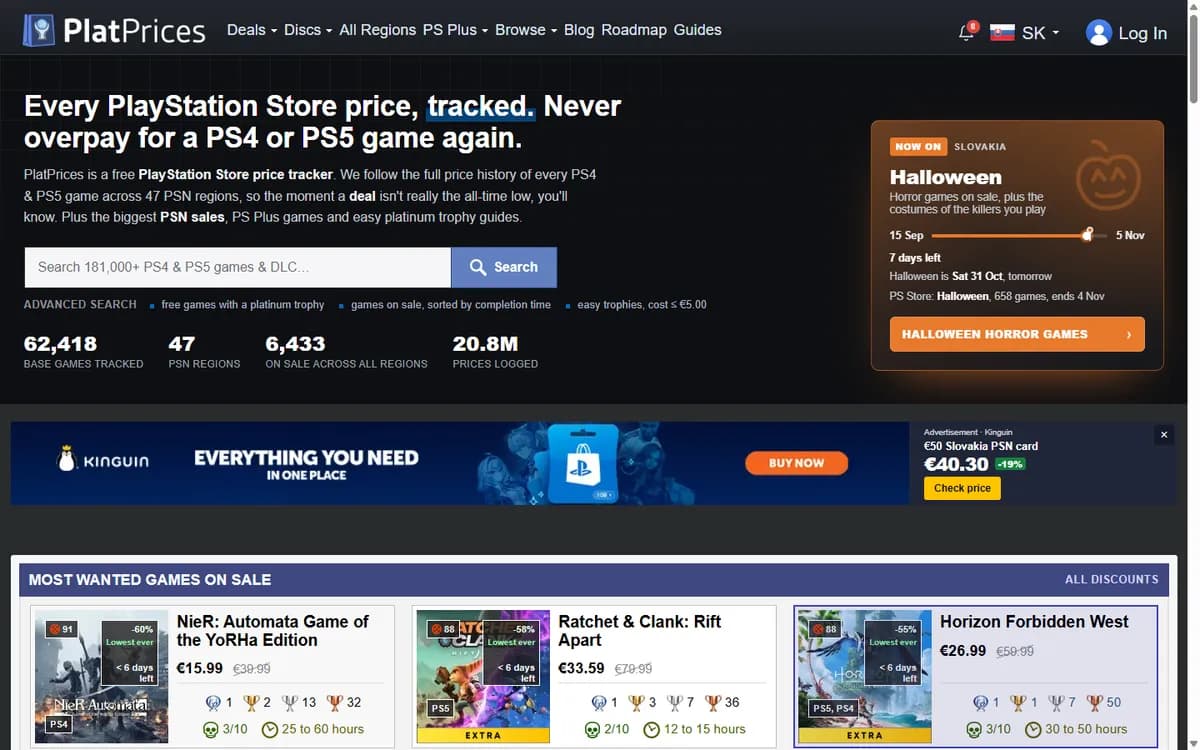 PlatPrices — PlayStation Store prices, screenshot of the homepage